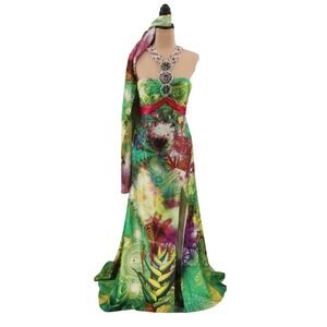 Alyce Designs Beaded Halter Maxi Gown Size 6 Scarf Wrap Topical Flower Y2K 2010s
